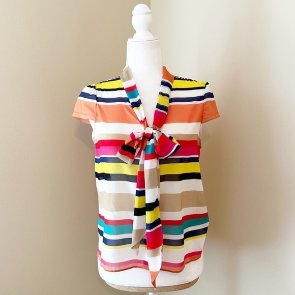 Alice + Olivia Bow Stripe Stretch Silk Top - XS - Picture 1 of 10